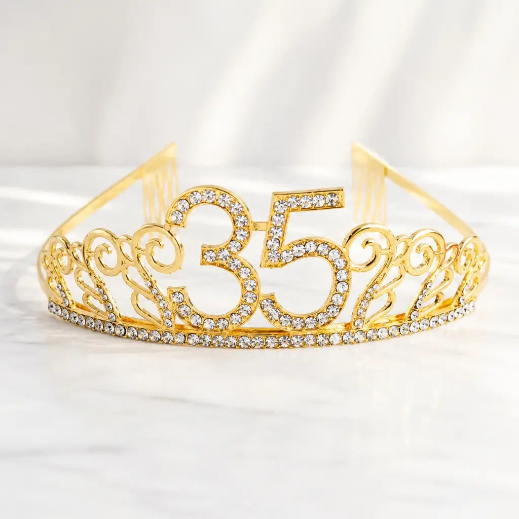 Premium Quality Gold Metal Rhinestone Age 35 Birthday Tiara