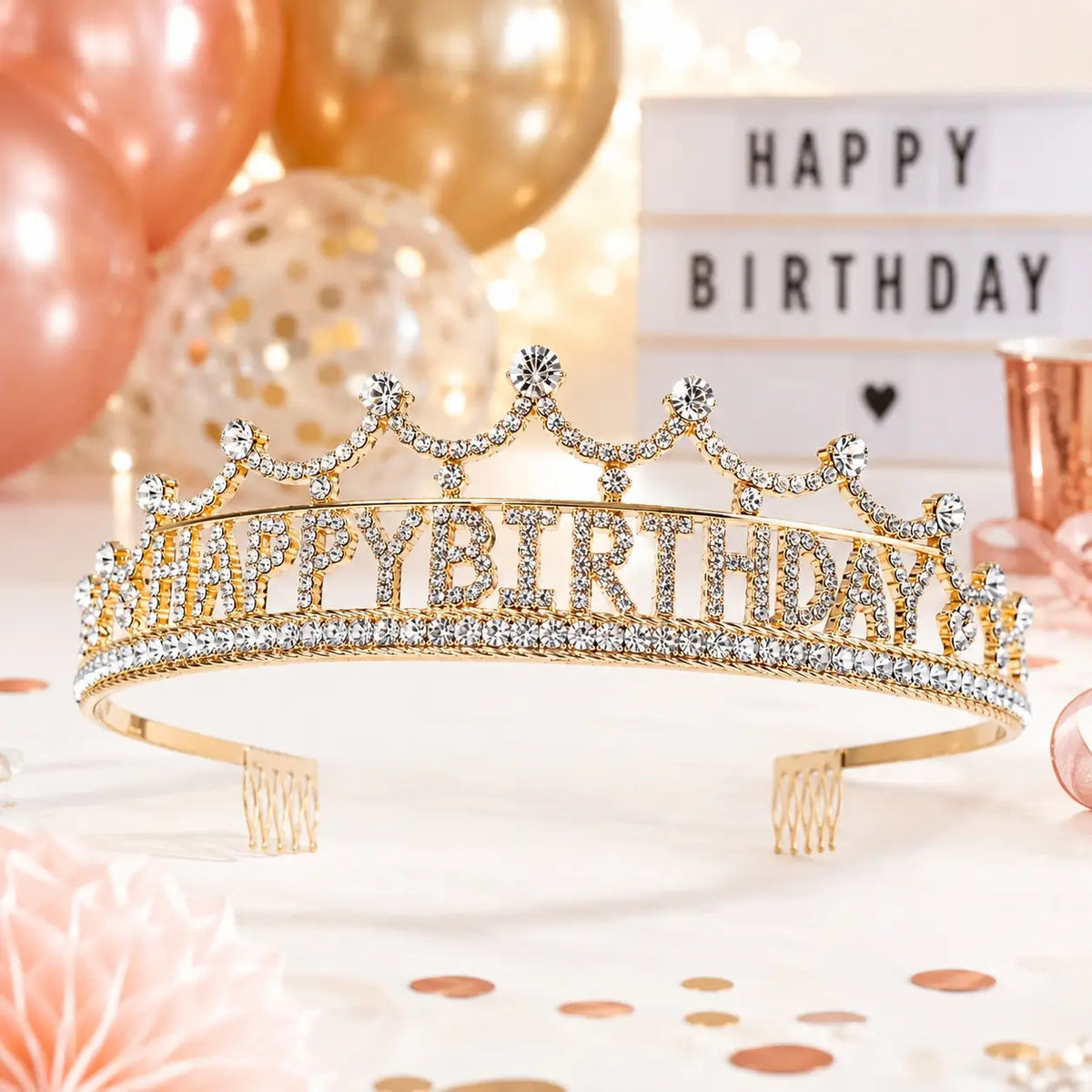 Gold Metal Rhinestone Happy Birthday Princess Headband