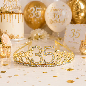 Premium Quality Gold Metal Rhinestone Age 35 Birthday Tiara