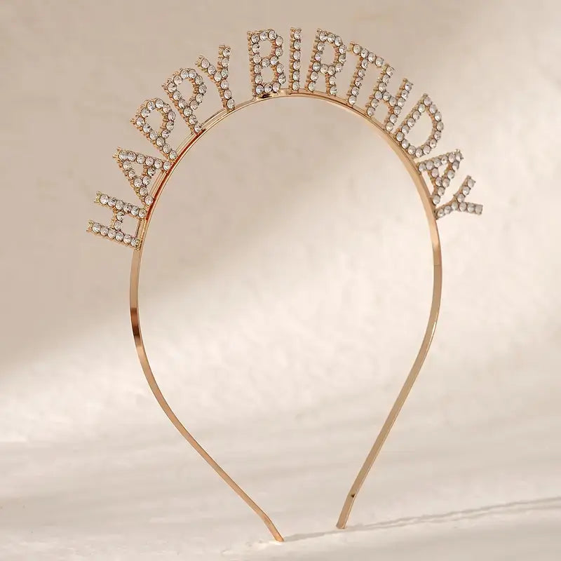 Gold Metal Rhinestone Happy Birthday Princess Tiara