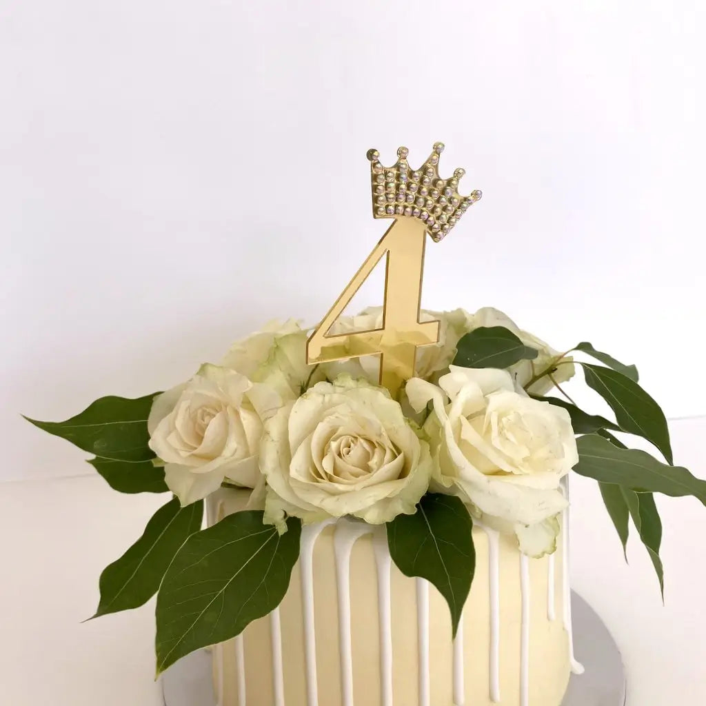 Gold Mirror Acrylic Number 4 Rhinestone Crown Cake Topper