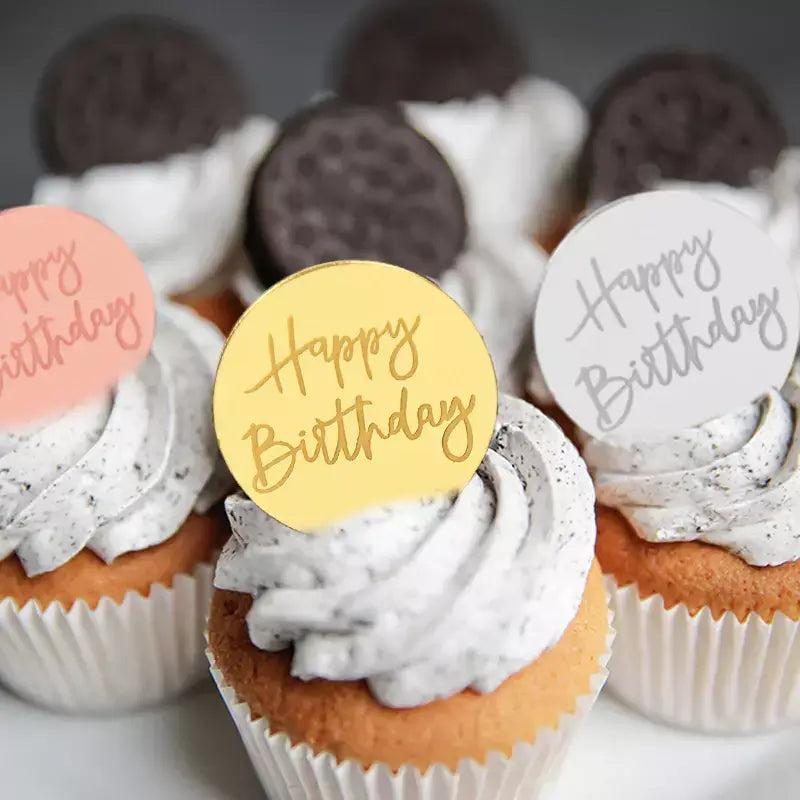 Happy Birthday Cupcake Toppers Acrylic Gold Round Disc Happy Birthday