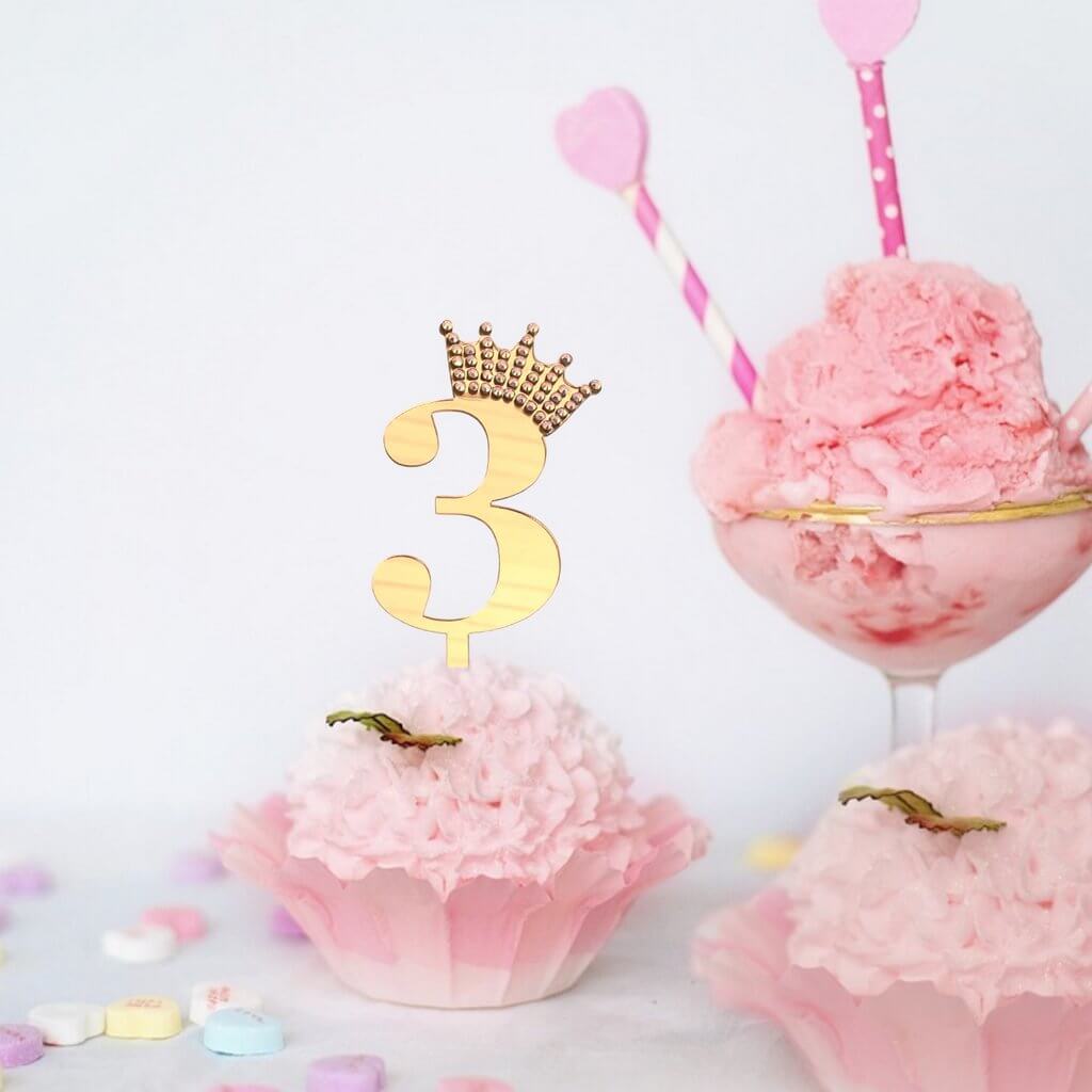 Gold Mirror Acrylic Number 3 Rhinestone Crown Cake Topper