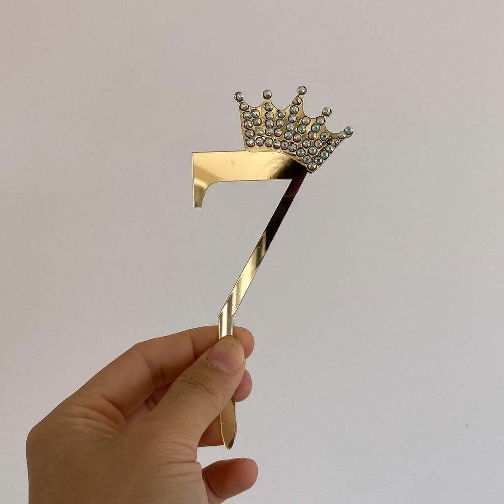 Gold Mirror Acrylic Number 7 Rhinestone Crown Cupcake Topper