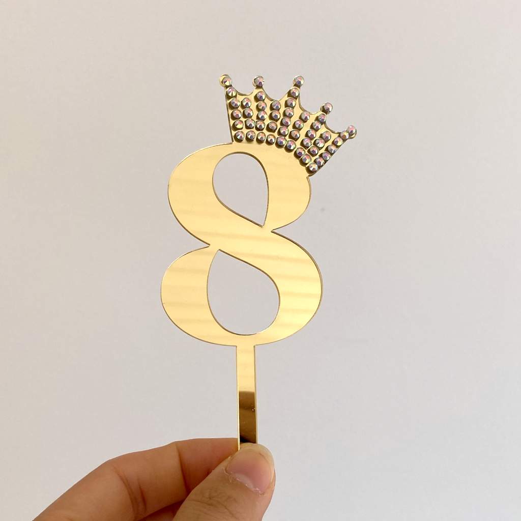 Gold Mirror Acrylic Number 8 Rhinestone Crown Cupcake Topper