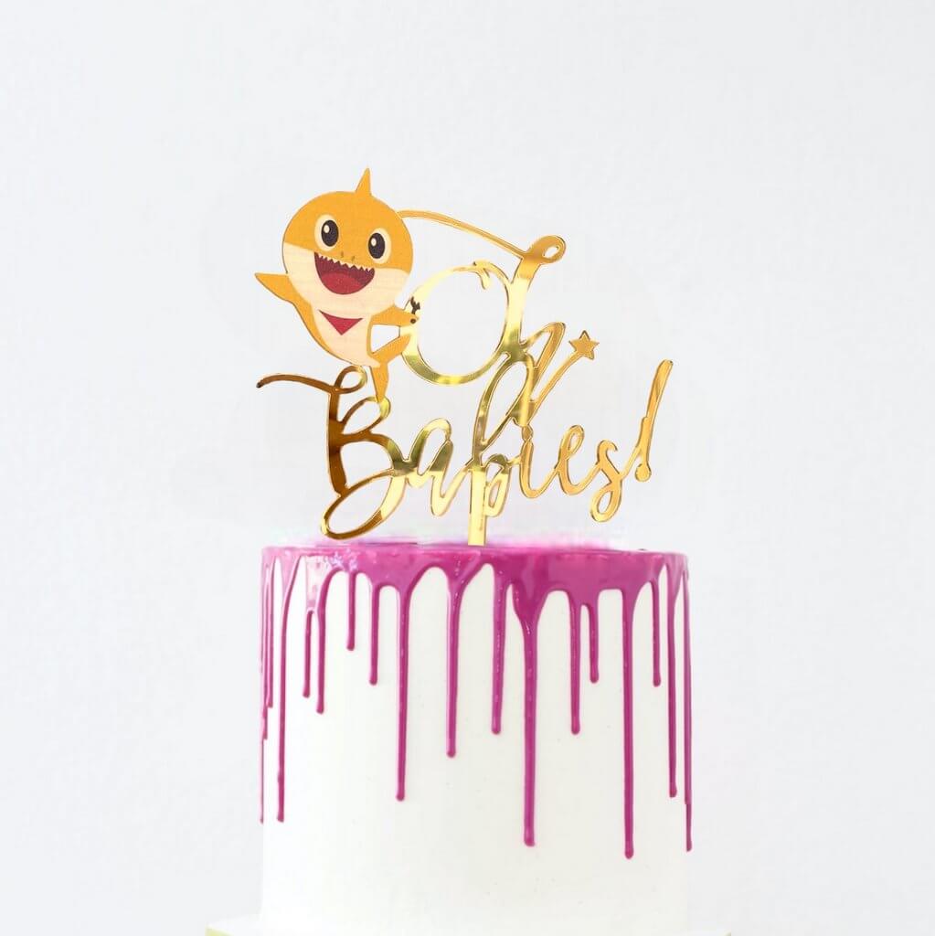 Gold Mirror Acrylic Oh Babies Baby Shark Baby Shower Cake Topper