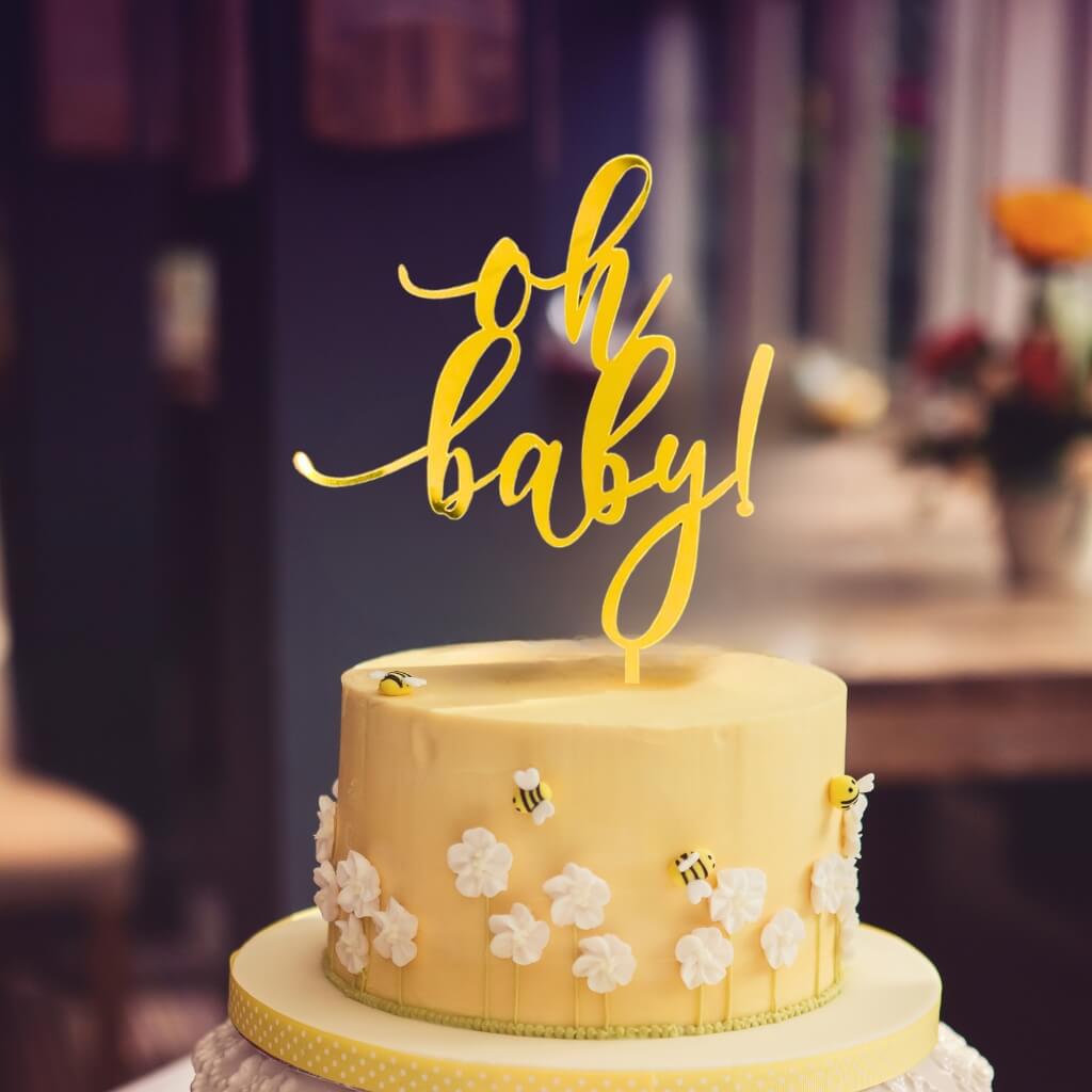 Gold Mirror Acrylic 'oh baby!' Script Baby Shower Cake Topper - Online Party Supplies