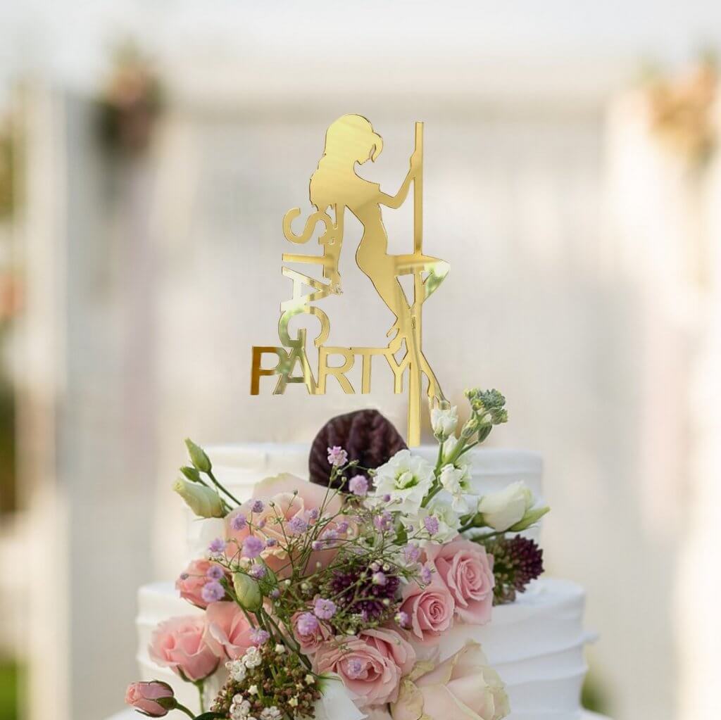 Gold Mirror Acrylic Sexy Pole Dancer Stag Party Cake Topper - Bachelor Party, Wedding Party Celebrations