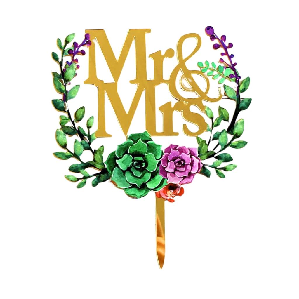 Acrylic 'Mr & Mrs' Floral Wreath Cake Topper - Gold Mirror