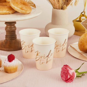 Gold ombre Bride to Be paper cups in a pack of 8, 250ml hen party tableware