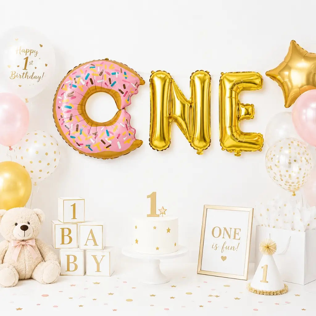 Gold ONE Donut Foil Balloon Banner