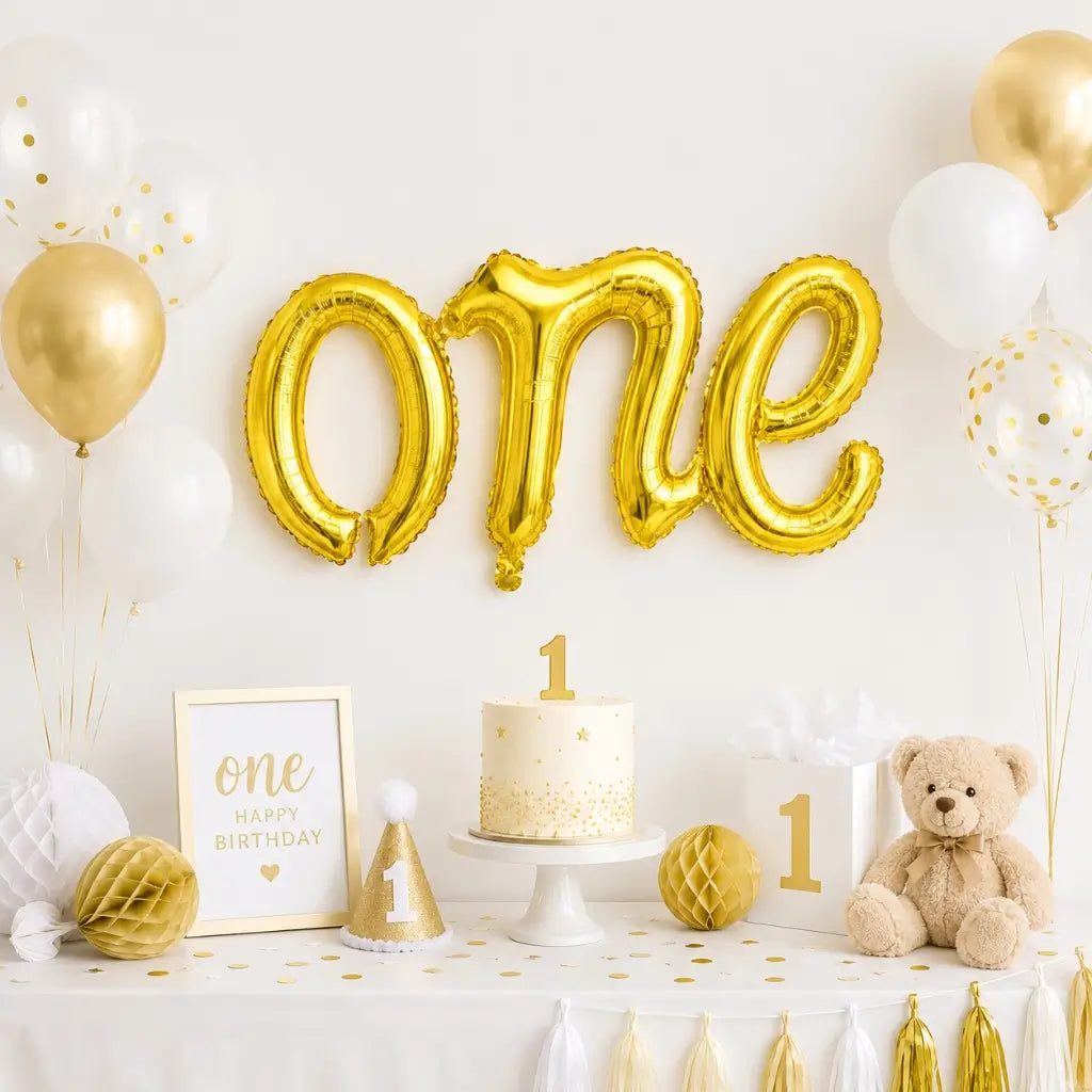 Gold 'one' Script First Birthday Party Foil Balloon