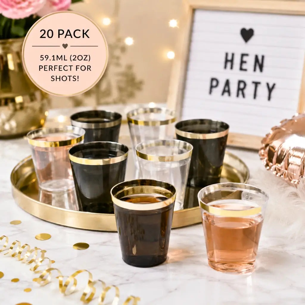 Reusable plastic gold rim shot glasses