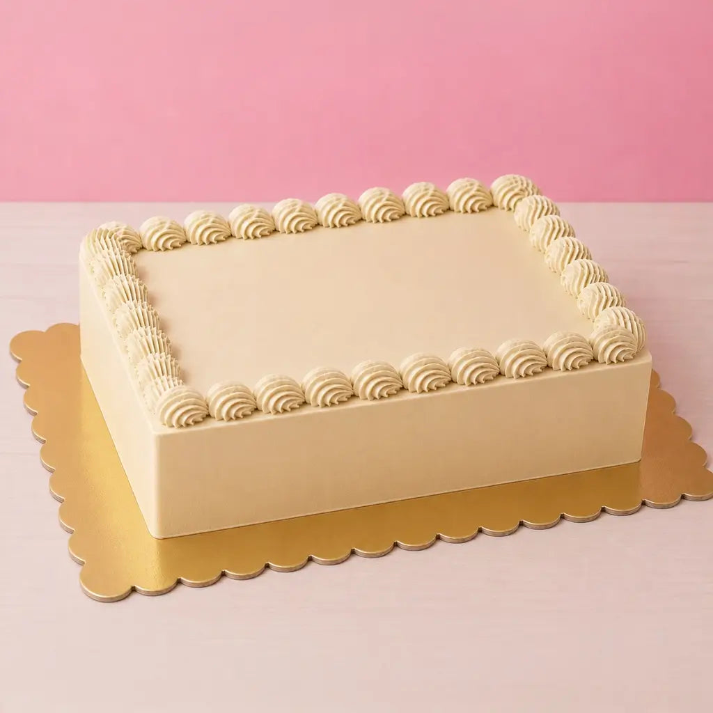 gold rectangle cake board with scalloped edges