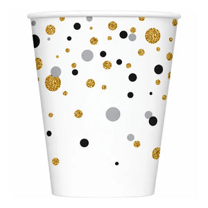 Gold and silver celebration paper cups with a white background