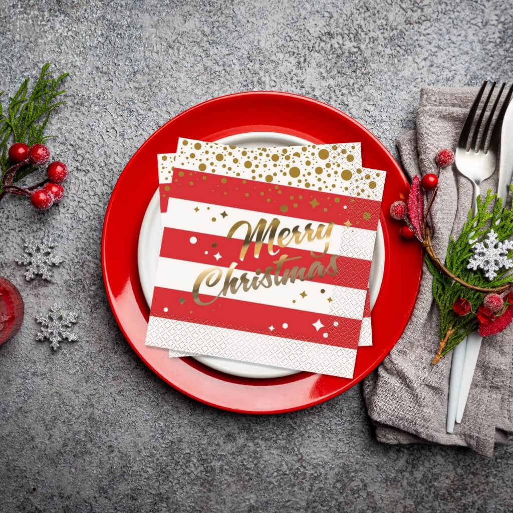 Gold Sparkle Christmas luncheon napkins 16pk with red and white stripes and gold foil Merry Christmas text