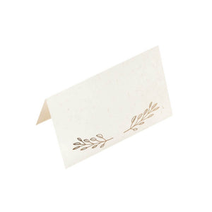 Gold vine wedding place cards on textured white paper