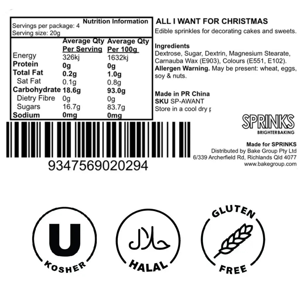 All I Want for Christmas Tree Sprinkles 65g ingredients