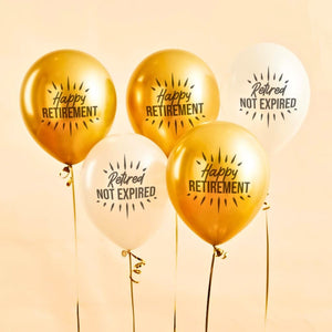 Gold and white Happy Retirement latex balloons