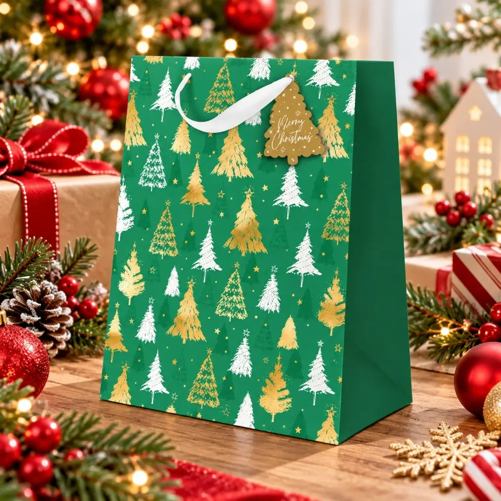 Christmas gift bag with gold and white tree pattern