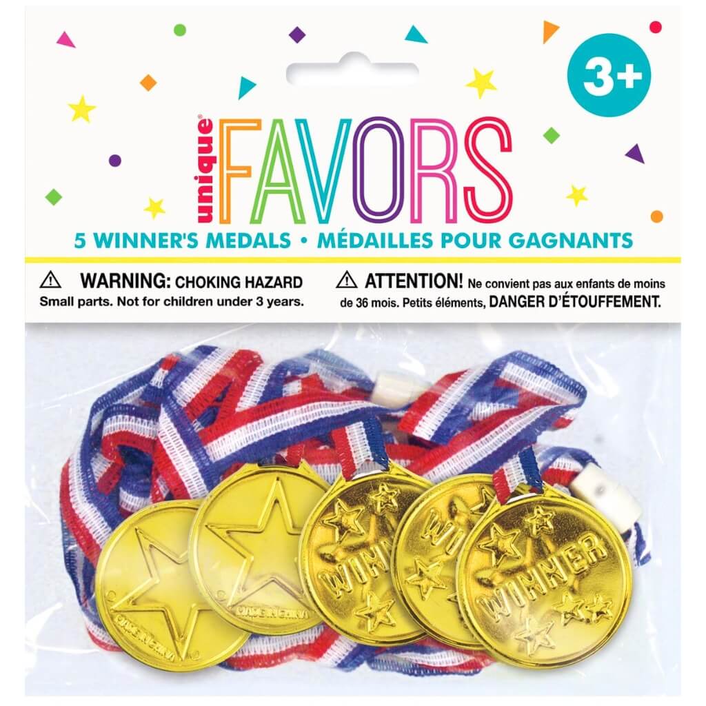 Gold Winner Medals 5pk Kids sports themed birthday party favours