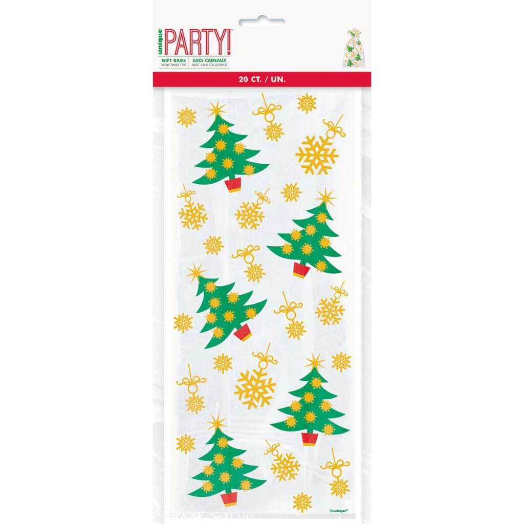 Golden Christmas Printed Cello Bags 20pk – Christmas Tree & Snowflake Party Favour Bags