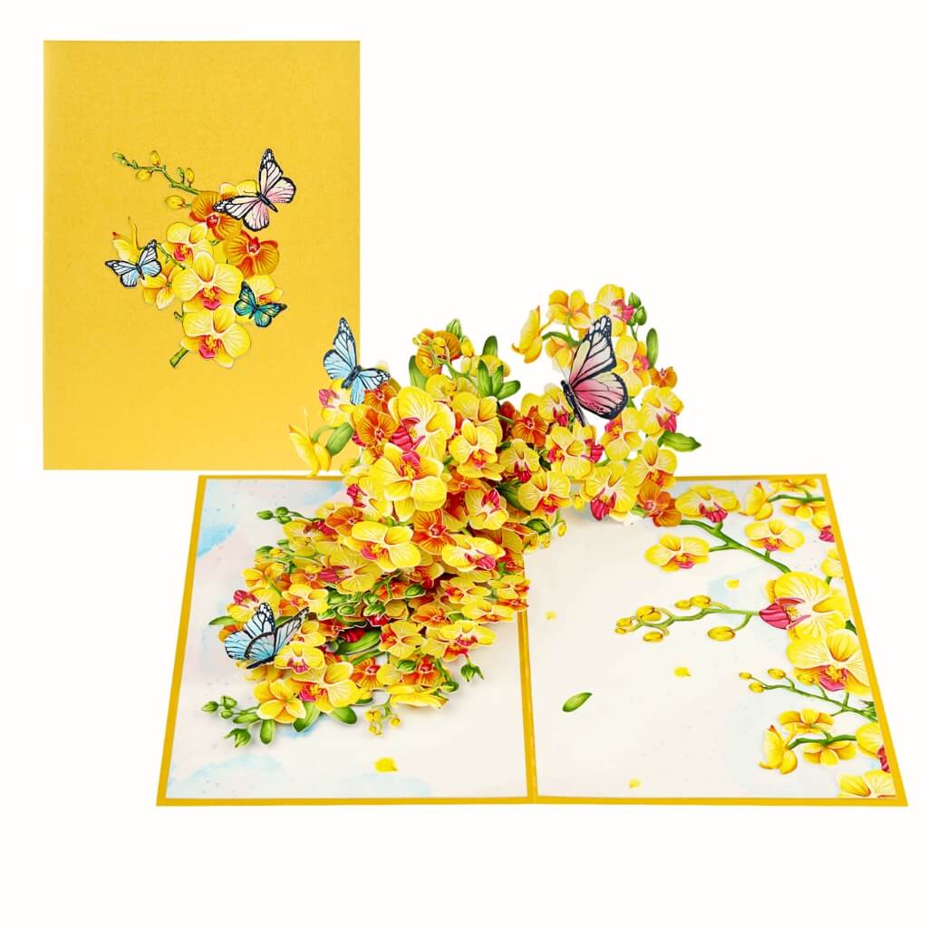 Golden Orchid Garden with Butterflies 3D Pop Up Greeting Card