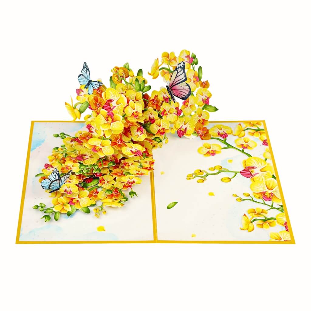 Golden Orchid Garden with Butterflies 3D Pop Up Greeting Card