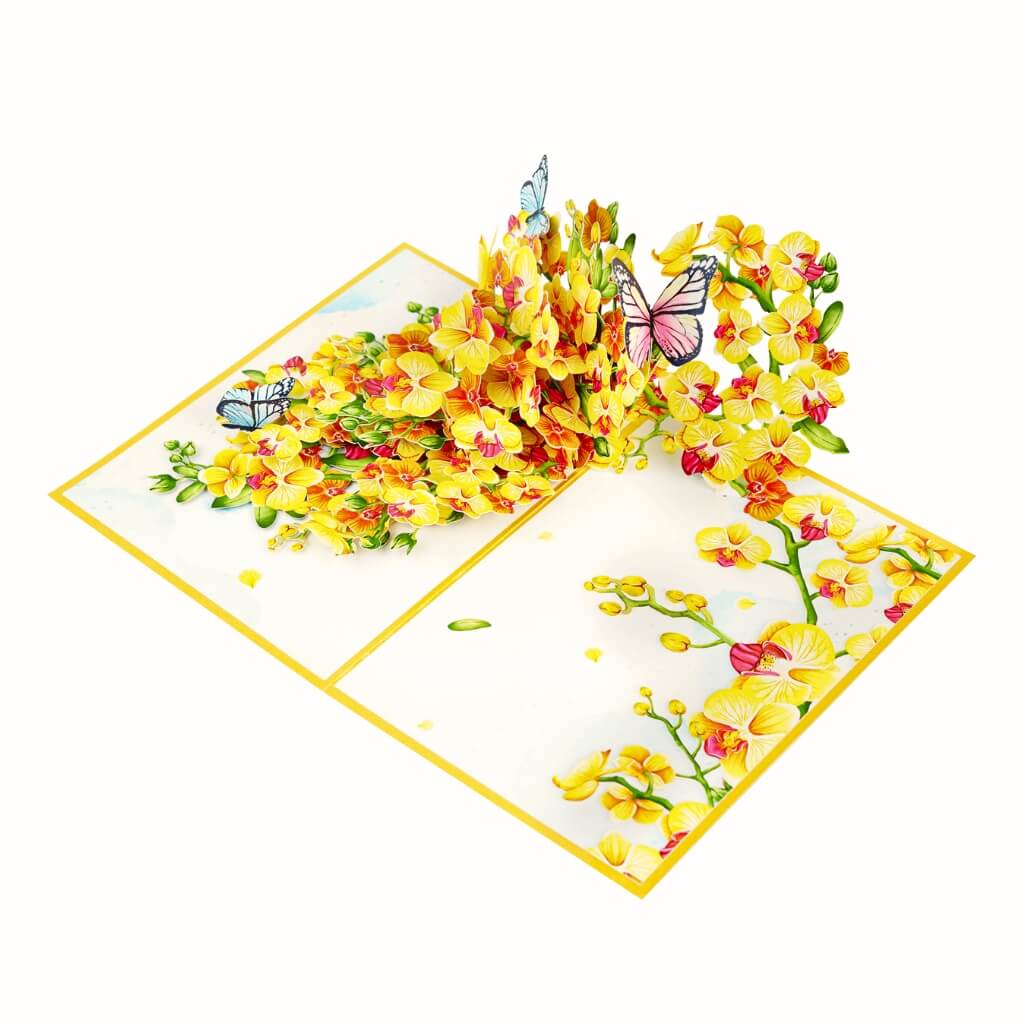 Golden Orchid Garden with Butterflies 3D Pop Up Greeting Card
