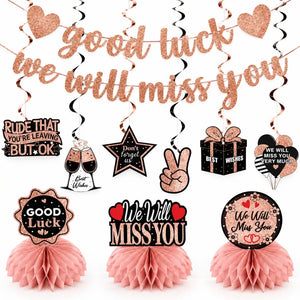Rose gold Good Luck We Will Miss You banner with hanging decorations