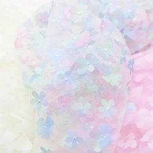 Gradient Blue 3D Cherry Blossom Soft Tulle Fabric