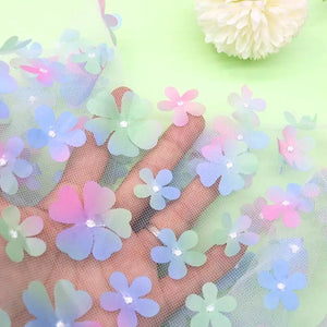 Gradient Blue 3D Cherry Blossom Soft Tulle Fabric