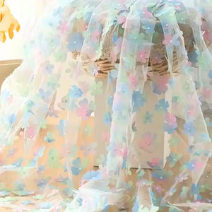 Gradient Blue 3D Cherry Blossom Soft Tulle Fabric