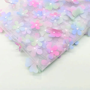 Gradient Blue 3D Cherry Blossom Soft Tulle Fabric