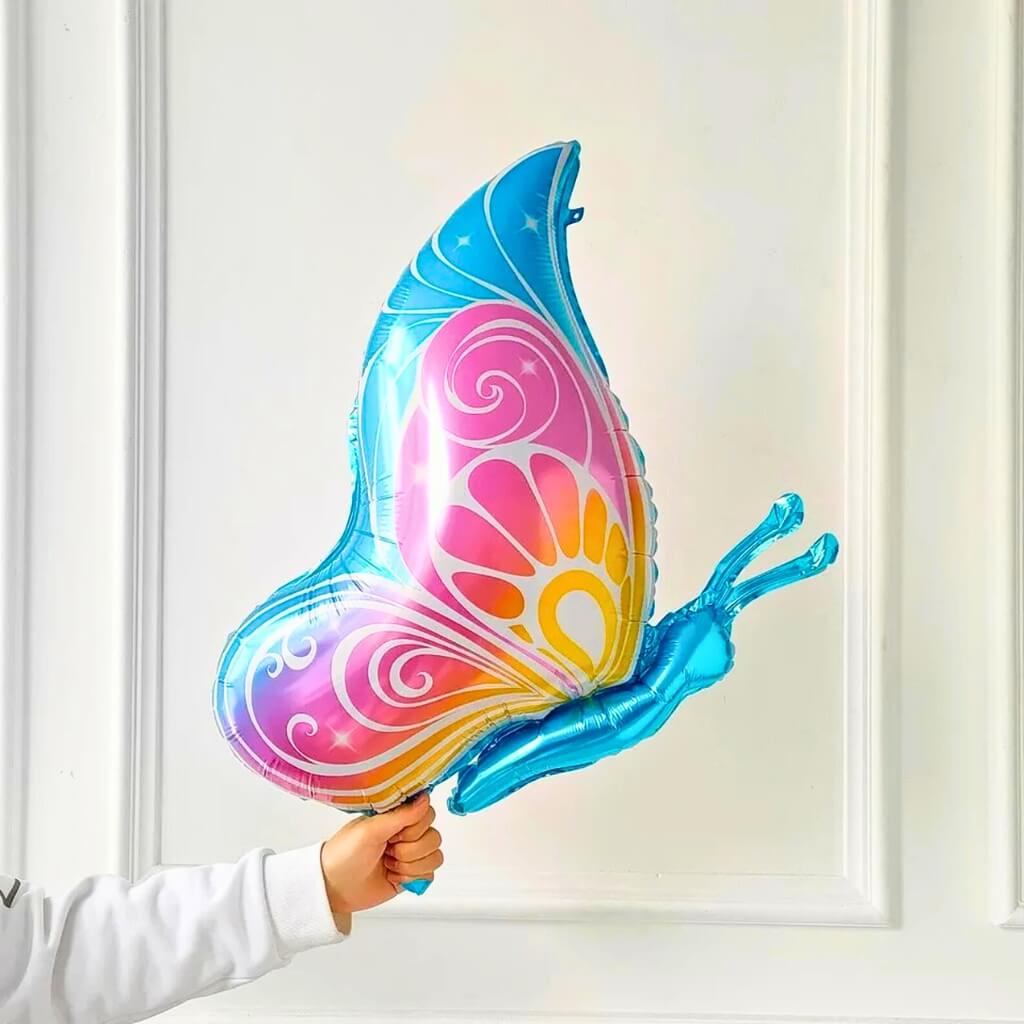 Butterfly-Shaped Foil Balloon with Pink Body and One Large Wing Showing Side View