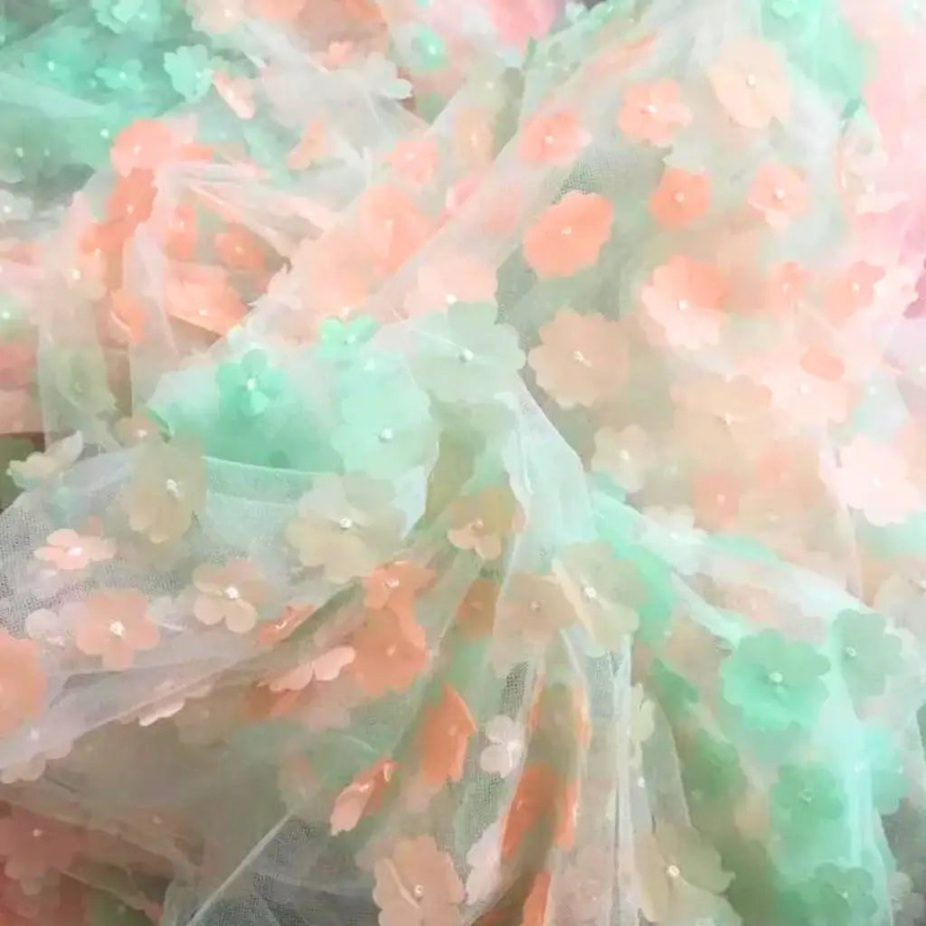 Gradient Green 3D Cherry Blossom Soft Tulle Fabric