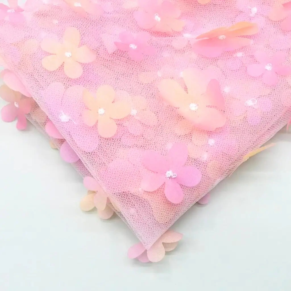 Gradient Pink 3D Cherry Blossom Soft Tulle Fabric