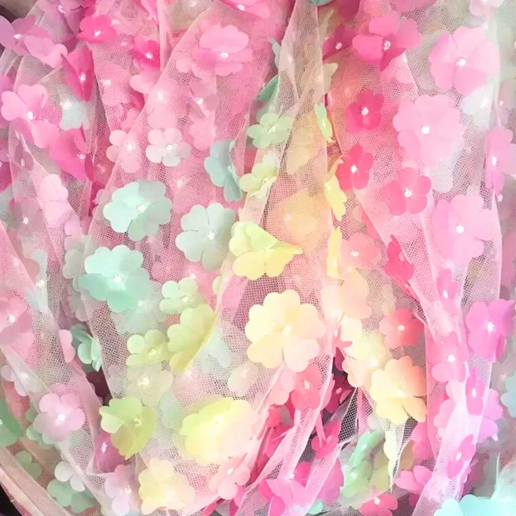 Gradient Rainbow 3D Cherry Blossom Soft Tulle Fabric