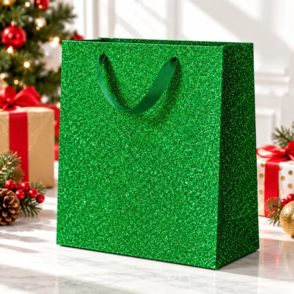 Green Christmas glitter gift bag with matching ribbon handles