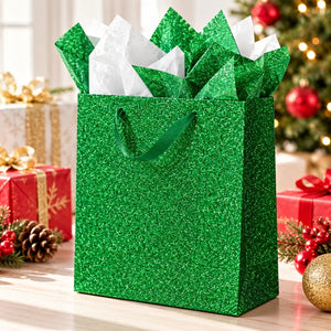 Green Christmas glitter gift bag with matching ribbon handles