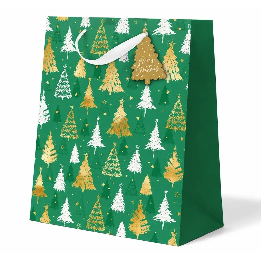 Christmas gift bag with gold and white tree pattern