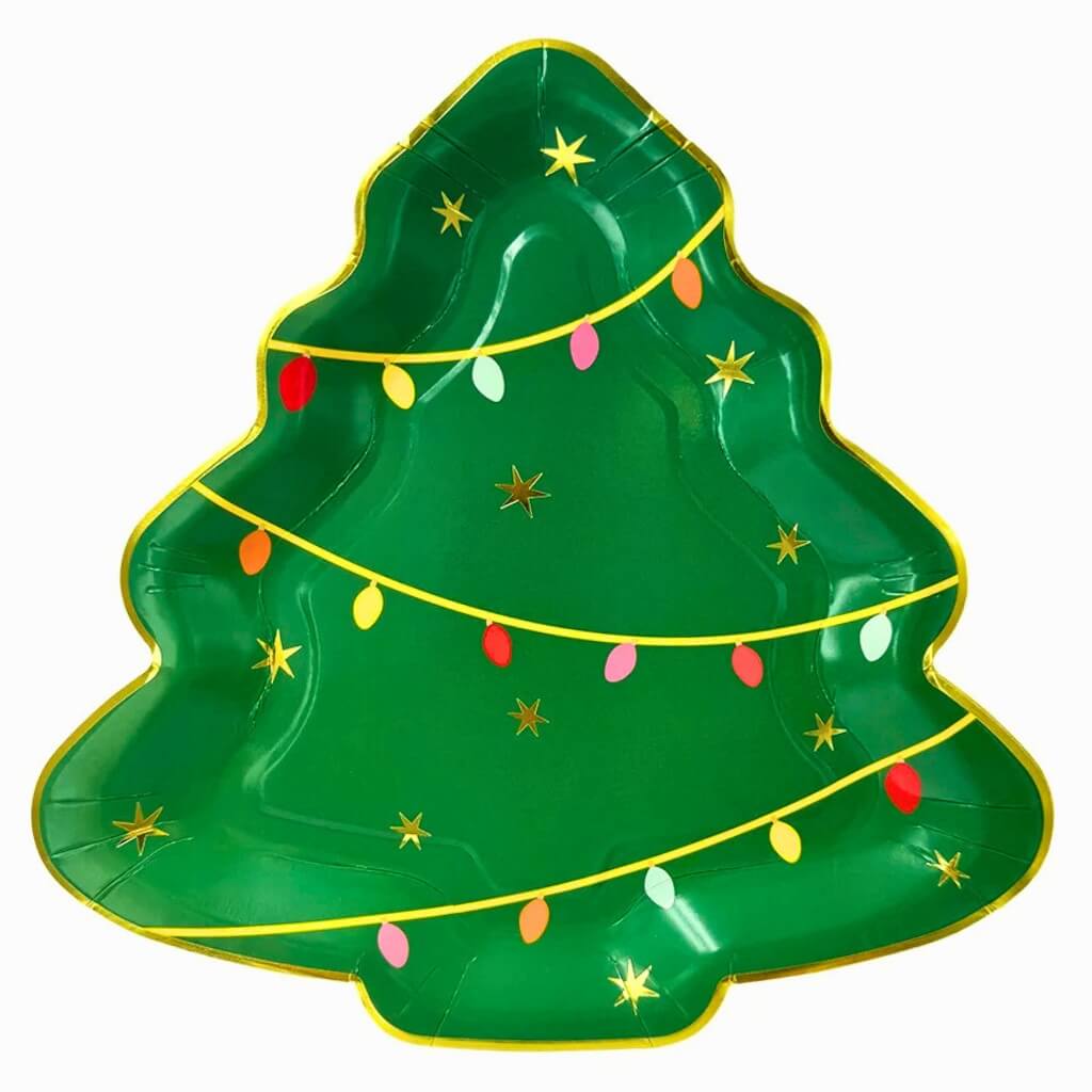 Christmas tree party plate with gold stars and decorative lights