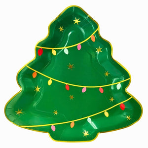 Christmas tree party plate with gold stars and decorative lights