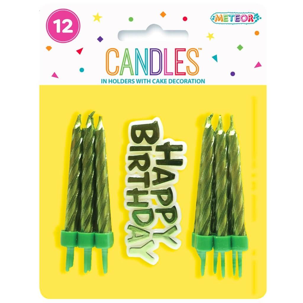 Green Spiral Candles in Holders with Happy Birthday Cake Decor 12pk