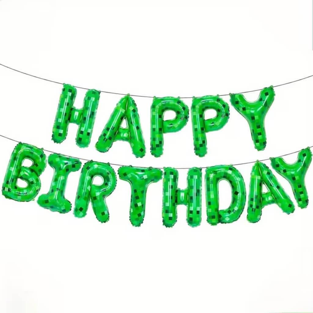 green pixel happy birthday foil balloon banner for gaming party decorations