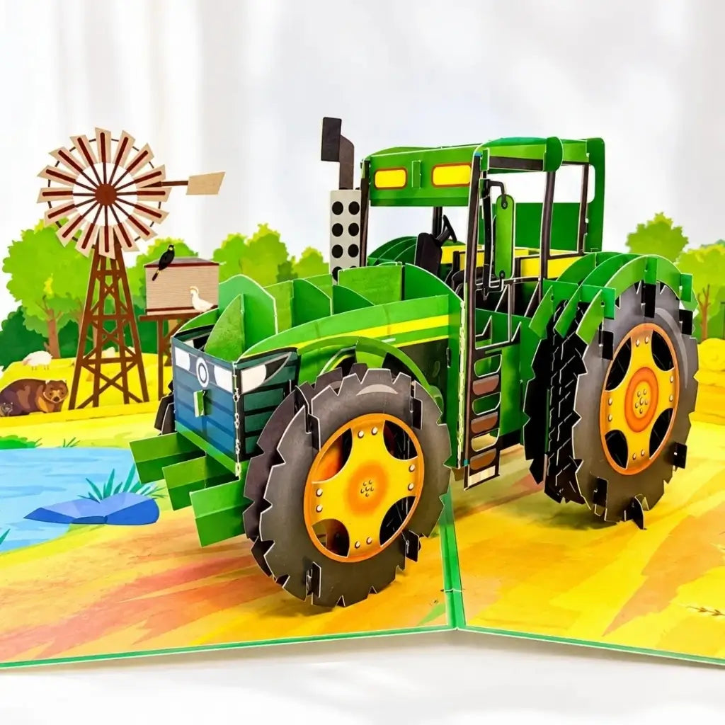 Green tractor and Australian farm animals 3D pop-up greeting card