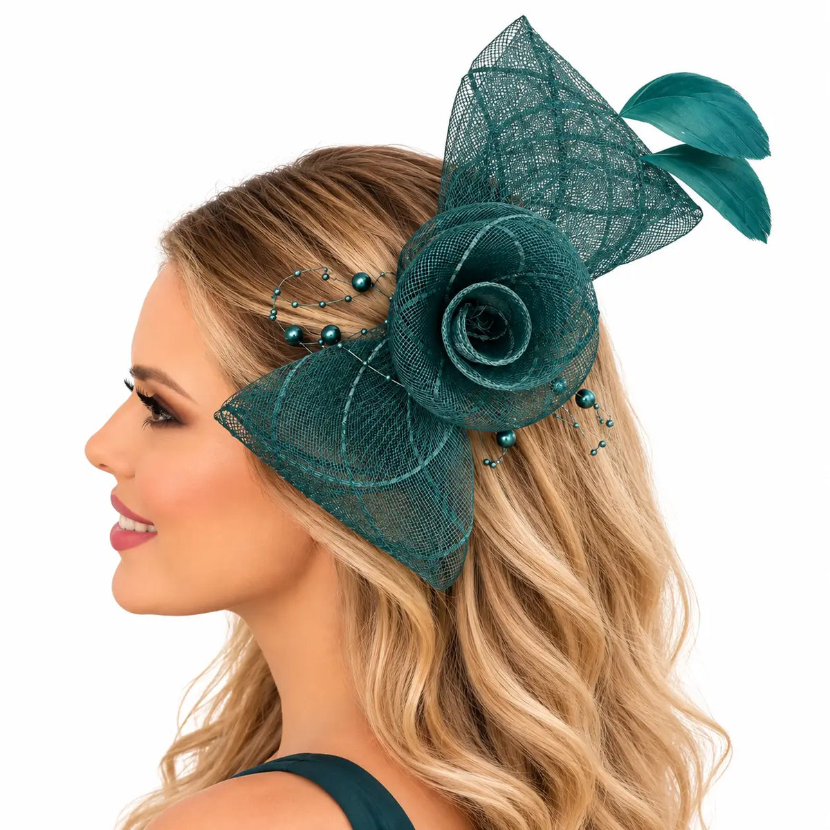Elegant green wedding fascinator with a sculpted mesh flower