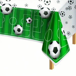 Rectangular Green White Soccer balls on field Printed Plastic Tablecover 