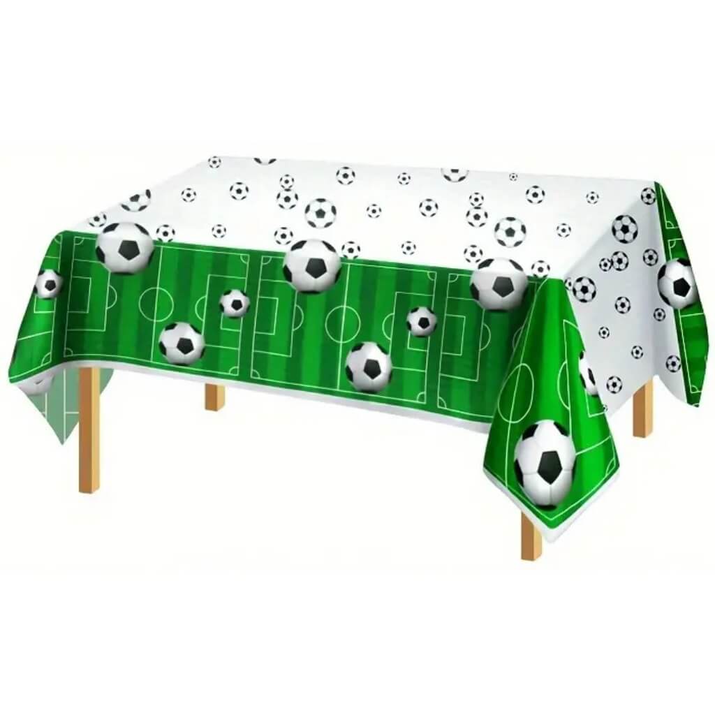 Rectangular Green White Soccer balls on field Printed Plastic Tablecover 