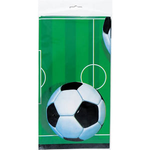 Rectangular Green White Soccer balls on field Printed Plastic Tablecover 